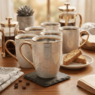 Jogo 6 Canecas Xícara de Porcelana 300ml Dourada Várias Estampas Luxo - Royale / Café, Chá / Cozinha