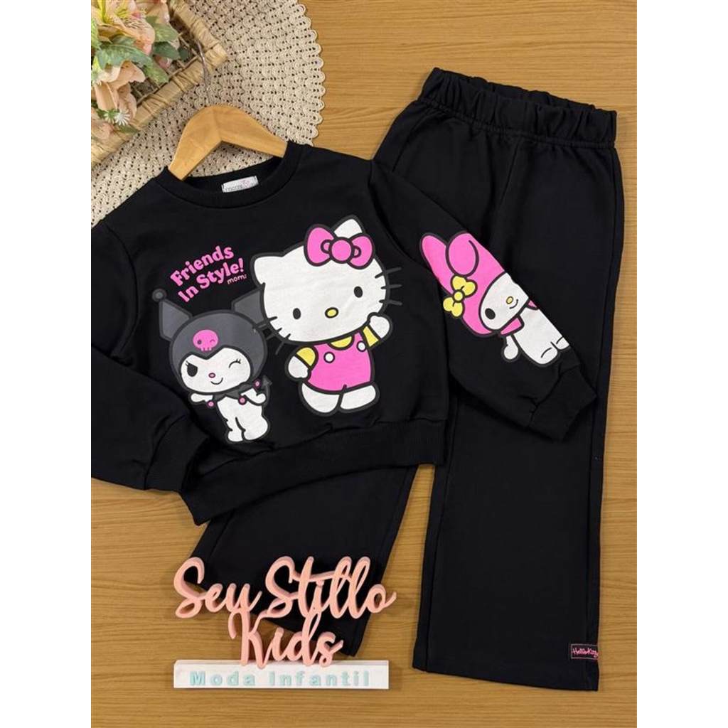 Conjunto Infantil Momi Inverno com Calça e Moletom Sem Flanela Preto Hello Kitty Friends