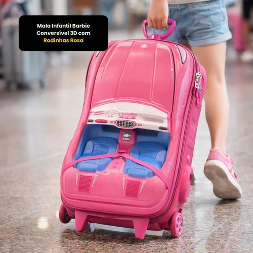 Mala Infantil Barbie Carro Conversível Rodinhas 3D Rose Viagem Leve Resistente Organizador Mochila Bolsa Menina
