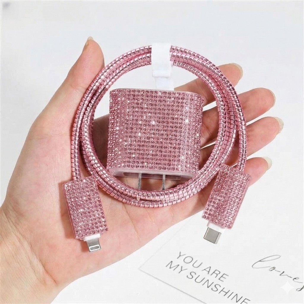 capa Kit Protetor de Carregador 18w/20w iPhone 5 em 1 Pedraria Strass Brilhante Luxo com Organizador de Cabo Anti-quebra