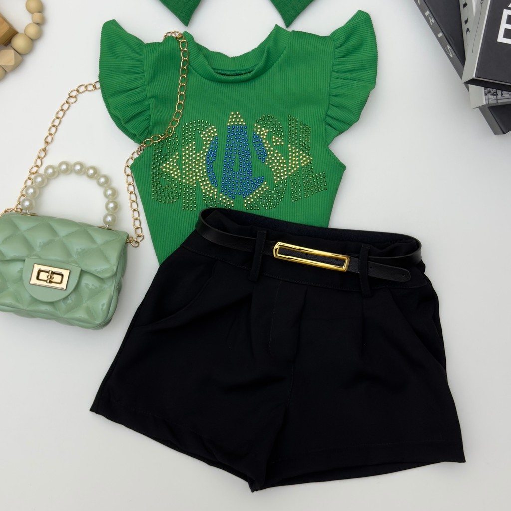 Conjunto Infantil Blusa do Brasil Menina Short Alfaiataria Moda Bloguerinha Casual Elegante Fashion Look Copa