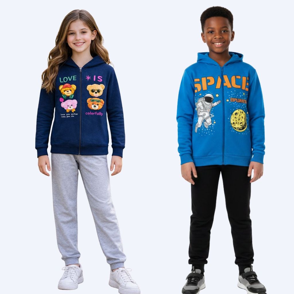Kit 2 Moletom Infantil Menino e Menina 4 Peças Calça + Casaco 10 a 14 Capuz Inverno Ziper Algodão