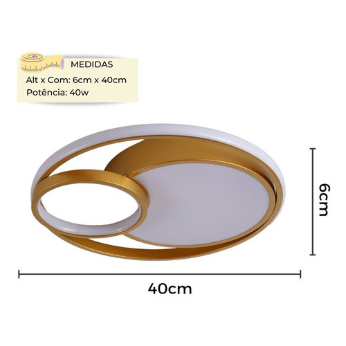 Luminária Moderna De Led Sobrepor Redondo Duplo 40w Dourado Luz 3 cores