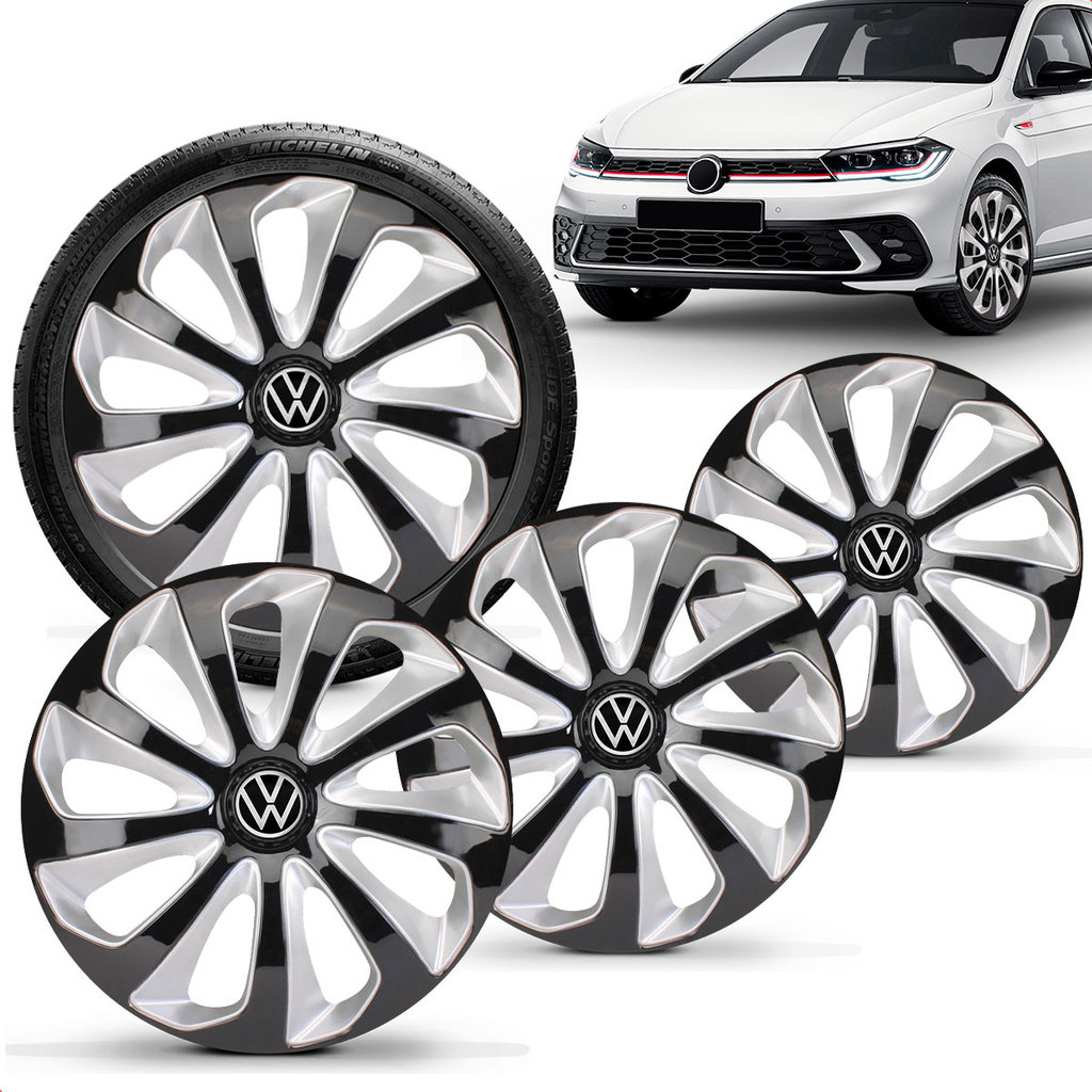 Jogo 4 Calotas Elitte 14" Velox Preto Prata Polo Track 2023 a 2025 com Emblema Resinado