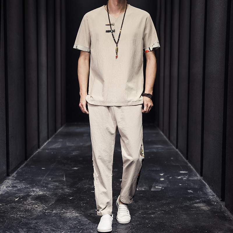 2024 Loja De Algodão E Linho Nova Moda Chinesa Masculina Verão Manga Curta Terno Tang Estilo Chinês Hanfu Retro0.062024