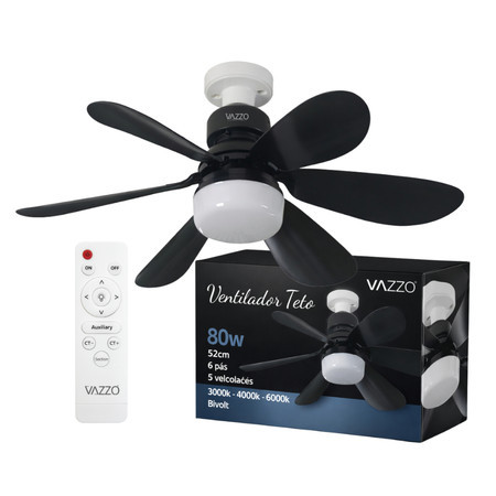 Ventilador de teto 80w 52cm 3 velocidades 6 pás 3 em 1 bivolt E27 Vazzo