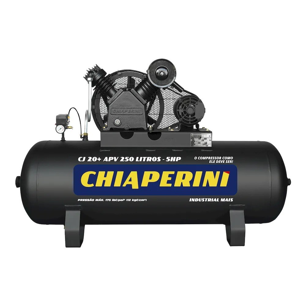 Compressor de ar 20 pés 250L 5 hp 175 lbs trifásico - CJ 20+ APV 250L - Chiaperini (220/380 (Trif&aacute;sico))