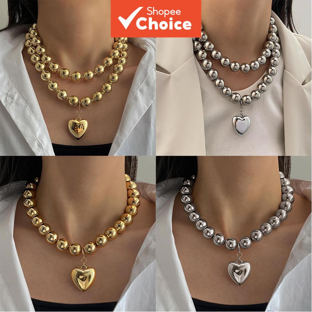  Colar de pingente de coração dourado com pérolas simples ou dupla camada, moderno e versátil, estilo coreano para