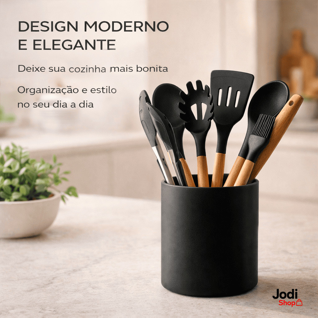 Utensílio Silicone Cozinha Cabo Madeira Não Risca Panelas Antiaderente Premium
