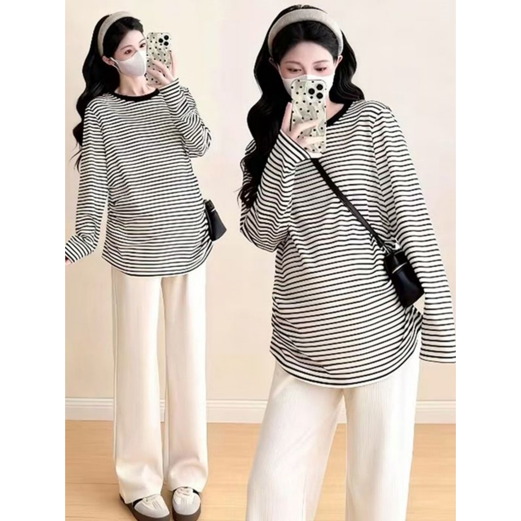 Roupa de maternidade listrada camisa de fundo em torno do pescoço camiseta All-Match Hem arco Design sentimento capa car
