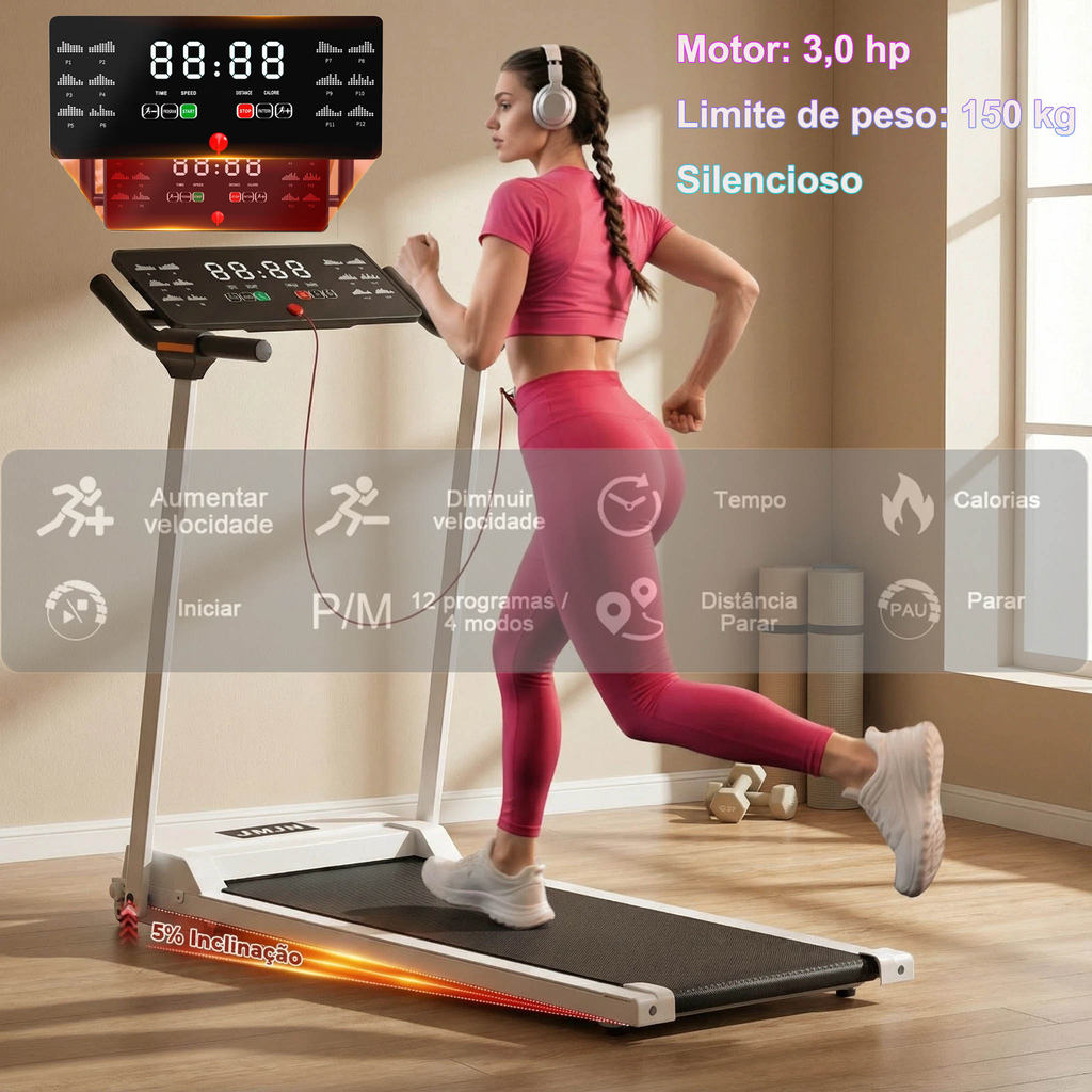 Esteira Elétrica Fitness Sport Dobrável 1-12km/h - Motor 3.0hp Silencioso - 110 220v Home Fitness, Até 150kg