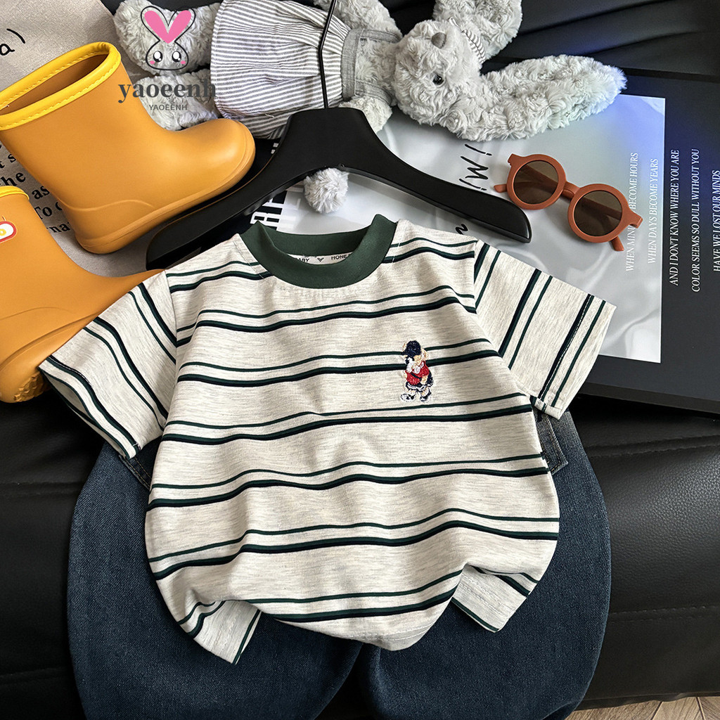 90-170CM meninos meninas urso bordado contraste cor topos médio grande crianças Retro All-Match listrado camisetas de ma
