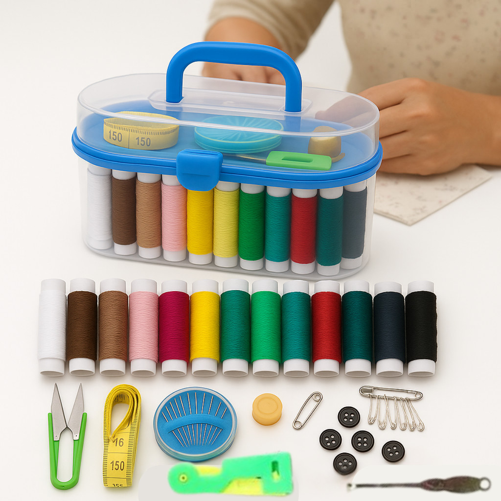 Kit Linha de Costura Completo Com Agulhas Tesoura Botões Fita Metrica Alfinete Para Reparo em Roupas