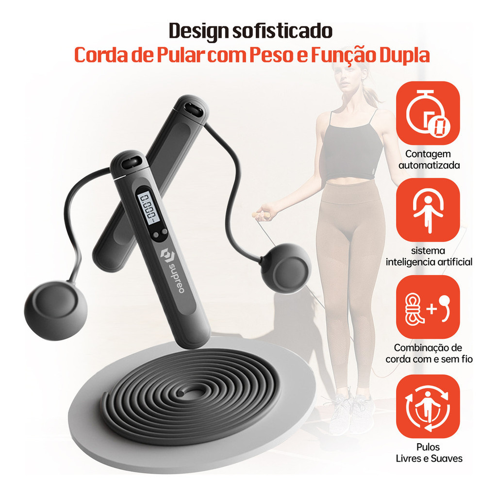 Corda de Pular 2 em 1 Sem Fio e com Fio 4 Modos Peso Ajustável Rolamento Exercício Casa