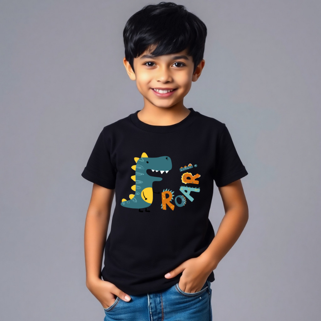 Camiseta Infantil dinossauro desenho divertido Criança 100% Algodão Fio 30.1 Gola Careca