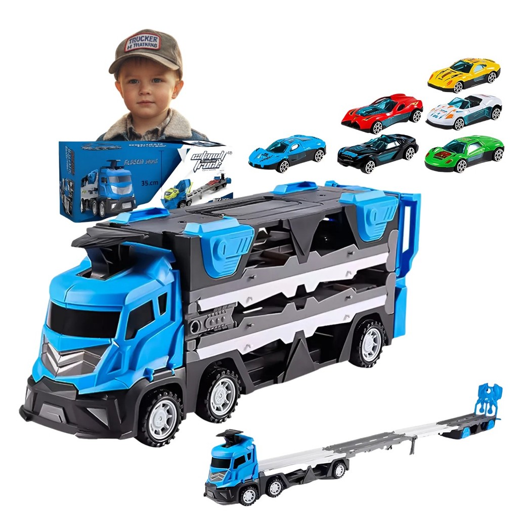 Caminhao Cegonha Vira Pista Grande Com Lancador Carreta Cegonheira Com 6 Carrinhos Fricção Kizumba