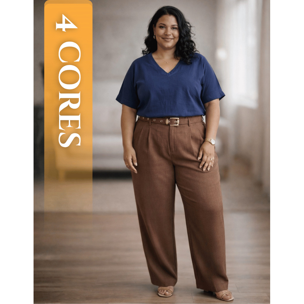 Calça Feminina Alfaiataria Social Plus Size Louis Twill Cintura Alta Zíper Bolso