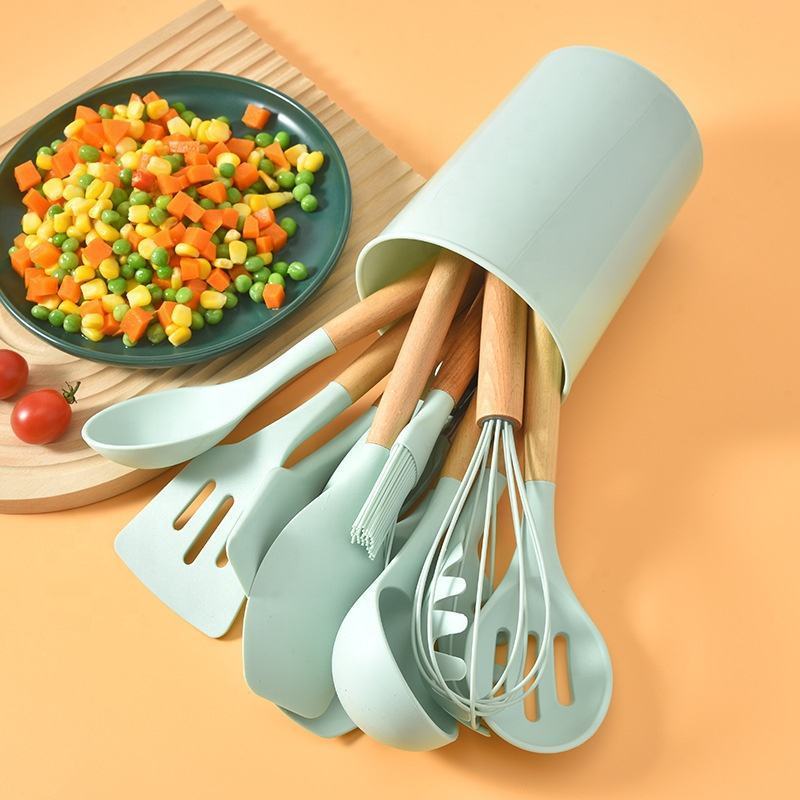 Kit de Utensílios de Cozinha em Silicone e Bambu – 12 ou 19 Peças, Resistente ao Calor ML