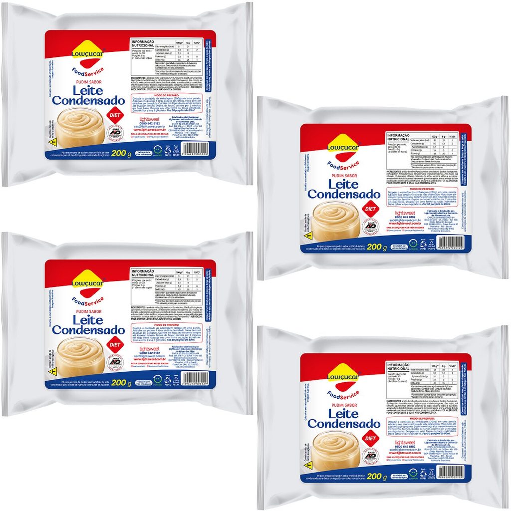 Kit com 4 Unidades de Pudim Lowçucar Zero Açúcares Sabor Leite Condensado, Food Service, rende, 200g