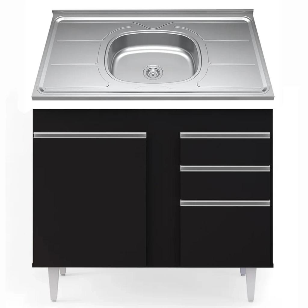 Balcão Gabinete Com Pia Inox 100cm 2 Portas 2 Gavetas Luziania Preto - Lumil