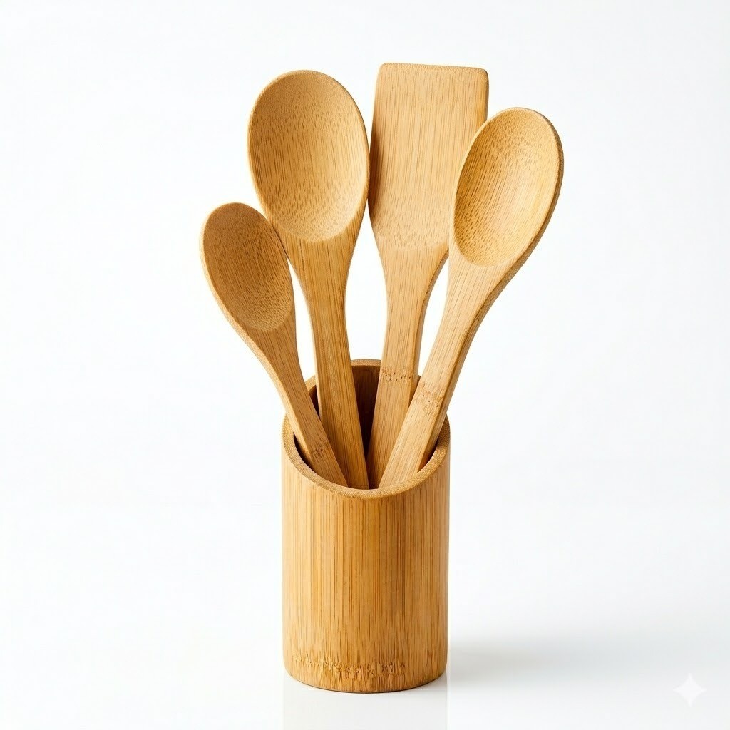 Kit Utensílios de BAMBU 5 Peças Cozinha Colher de Pau Espátula com Suporte