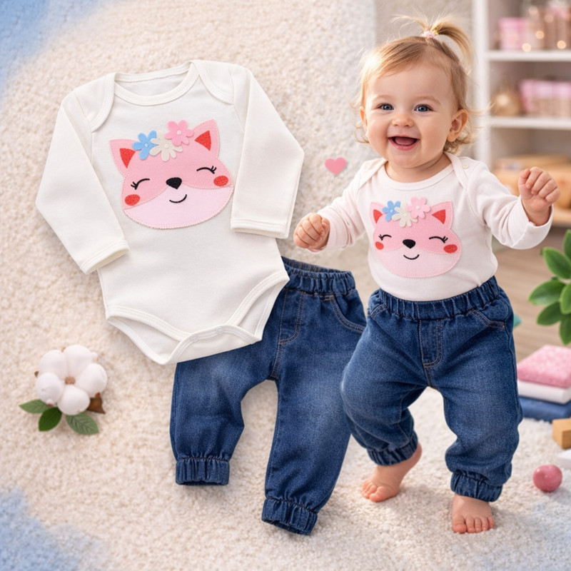 Conjunto Bebê Menina Body Bordado 3D Manga Longa e Calça Jeans ou Mijão RN P M G