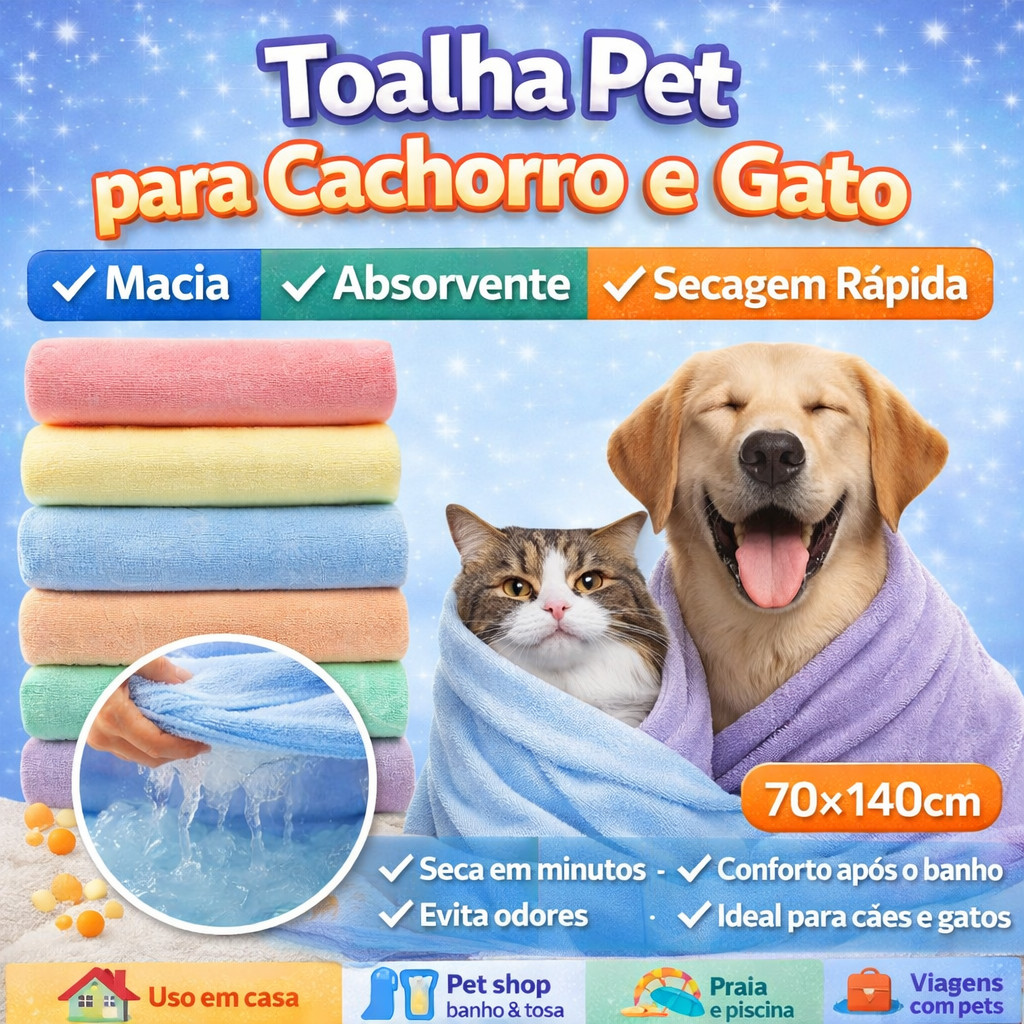 Toalha Pet para Cachorro e Gato | Super Absorvente, Secagem Rápida, Macia e Fácil de Usar
