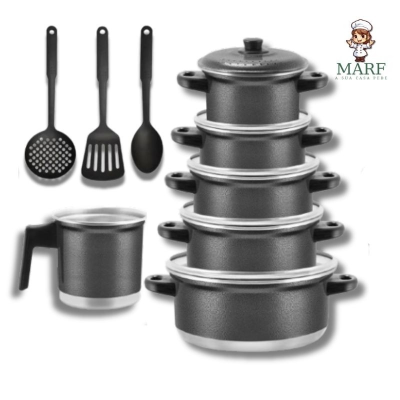 Conjunto 5 Peças de Panelas de Aluminio + Fervedor Reforçado Crequeado preto - Kit de Panelas