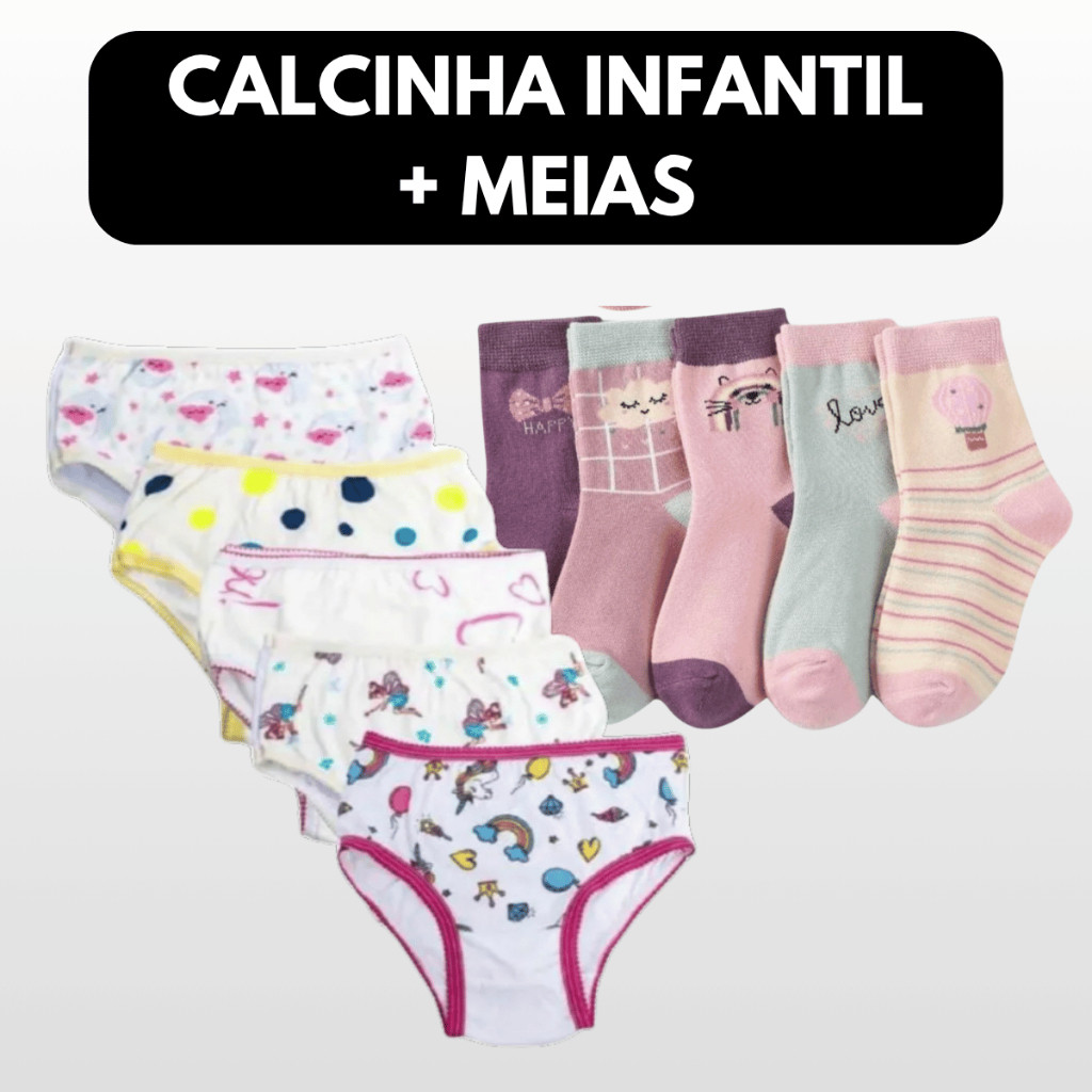 Kit 10 calcinhas INFANTIL + 6 pares de meia menina em Oferta na Shopee
