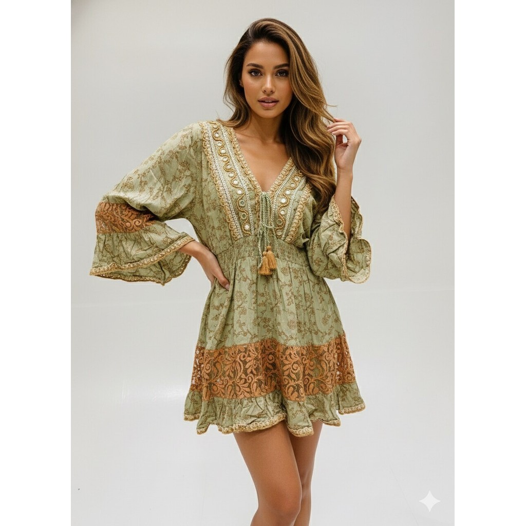 Vestido Curto Boho Chic Estampado Verão Feminina-PLK-9001 em Oferta na Shopee