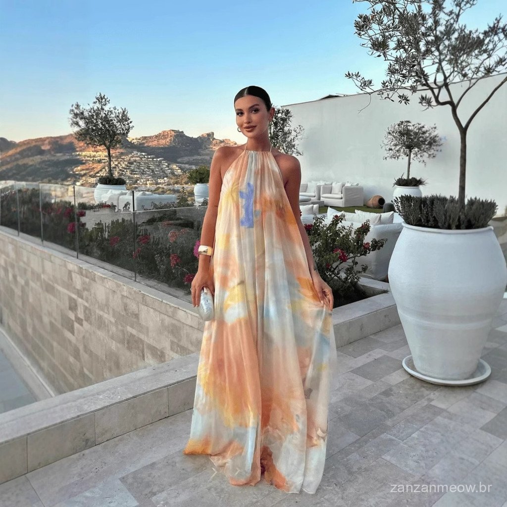 Vestido Feminino Transfronteiriço da Independent Station Estilo Europeu e Americano Estampado Solto Decote Halter Costas