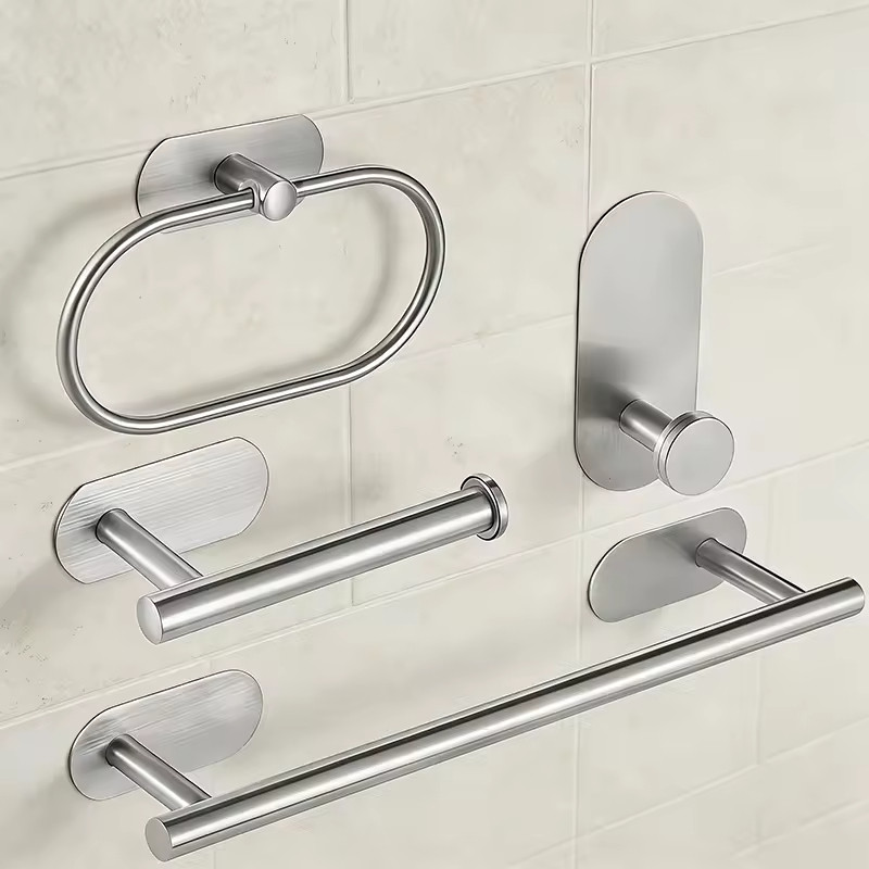 Kit 4 Banheiro Inox 304 Sem Furadeira Toalheiros Papeleira Prata Escovado
