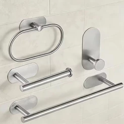 Kit 4 Banheiro Inox 304 Sem Furadeira Toalheiros Papeleira Prata Escovado