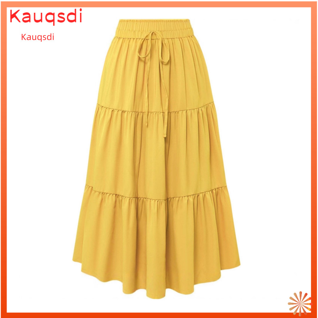 Saia Evasê Feminina Verão Cintura Alta Em Camadas Maxi – Plissada Fluida Casual Boho Praia Para Férias E Uso Diário