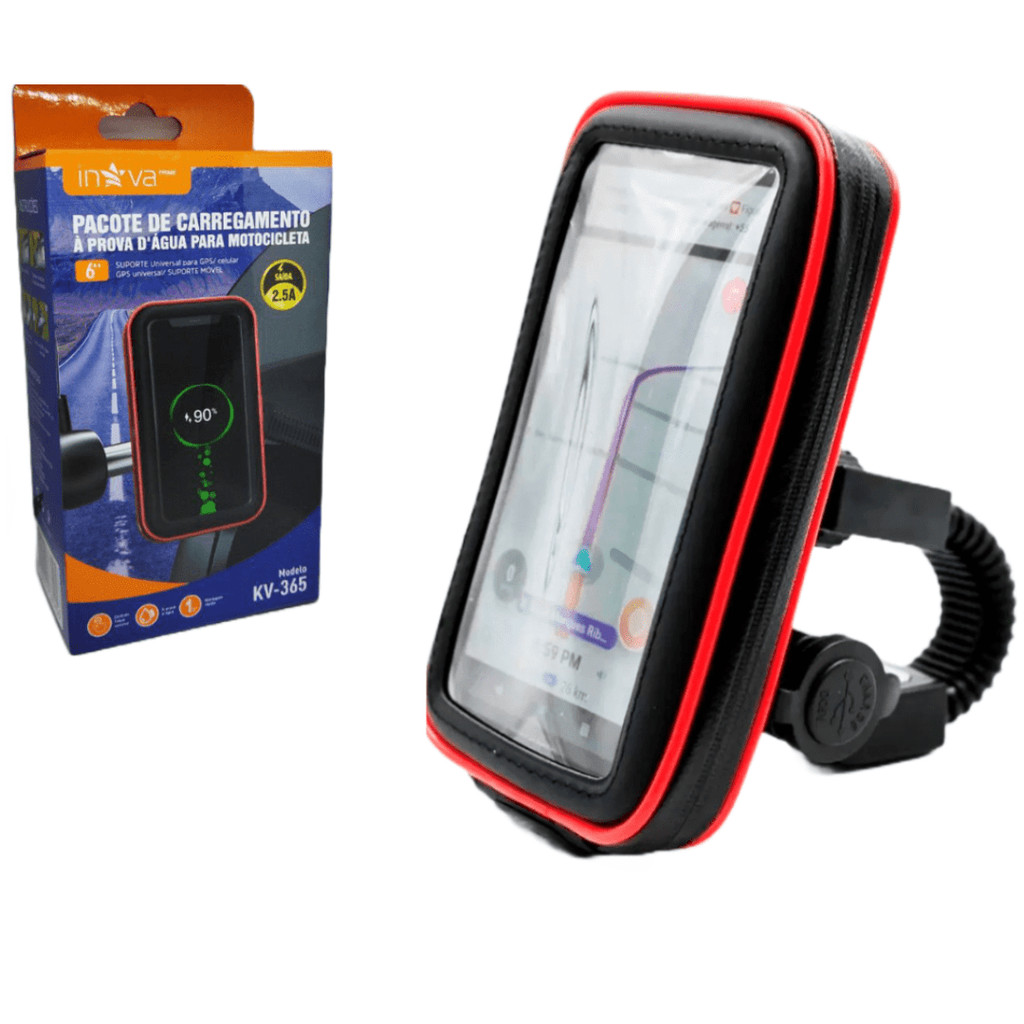 Suporte moto gps celular smartphone carregador usb case 360