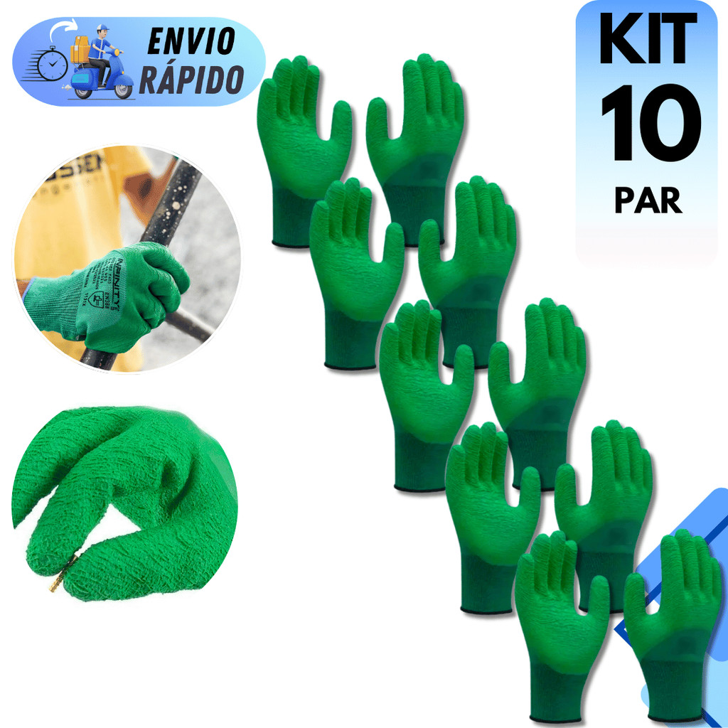 KIT 10 PARES LUVA RUBBERGRIP CORRUGADA VERDE COLETA OBRA CONSTRUÇÃO em Oferta na Shopee