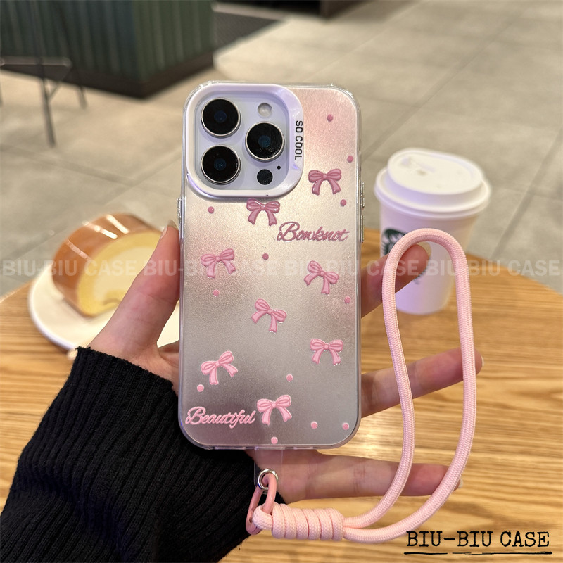 Capinha capa de Laço rosa iPhone 17 11 12 13 15 14 16 Pro Max Xr Xs Max 7+ 8+ pulseira rosa Capa TPU choque