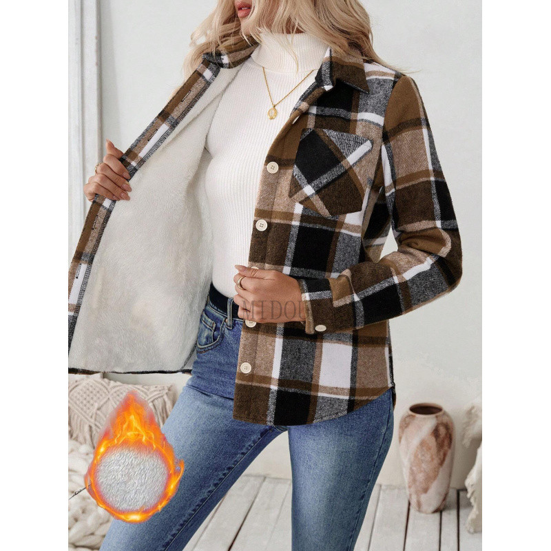 Casaco Cardigan Feminino de Outono Inverno, Jaqueta de Lã com Botão e Gola de Camisa