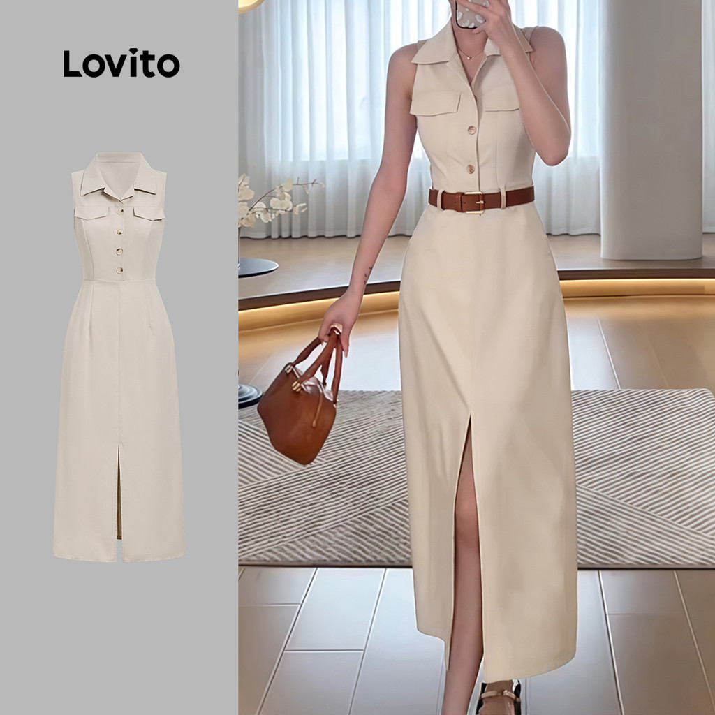 Lovito  Vestido Casual com Botão Bolso Falso Primavera/verão Khaki para Mulheres L171ED1079 em Oferta na Shopee