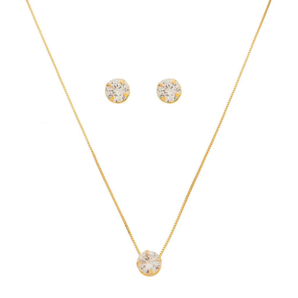 CONJUNTO COLAR E BRINCO PONTO DE LUZ ALICE ZIRCÔNIA FOLHEADO A OURO 18K