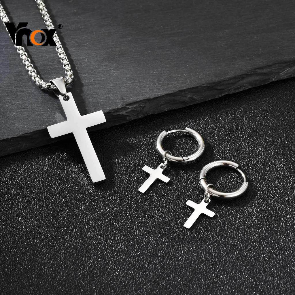 Conjunto De Colar E Brinco Com Pingente De Cruz Vnox Para Mulheres Meninas , Joias De Duas Peças De Aço Inoxidável Prate em Oferta na Shopee