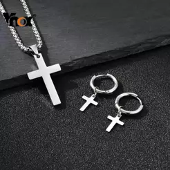 Conjunto De Colar E Brinco Com Pingente De Cruz Vnox Para Mulheres Meninas , Joias De Duas Peças De Aço Inoxidável Prate