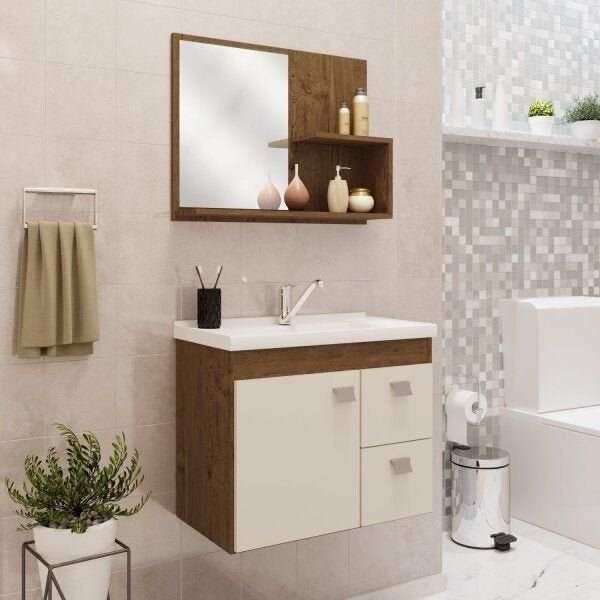 Gabinete Suspenso Com Cuba E Espelheira Isa  Amendoa/OffWhite em Oferta na Shopee