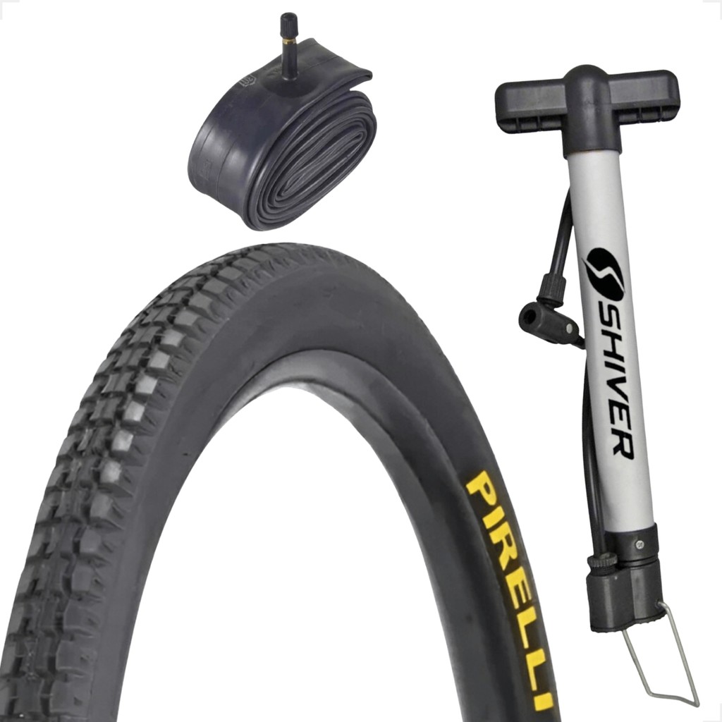 PNEU 26 X 1.1 / 2X2 PRIMOR PIRELLI + CAMARA BICO GROSSO + BOMBA MANUAL SHIVER MONARK CALOI TROPICAL