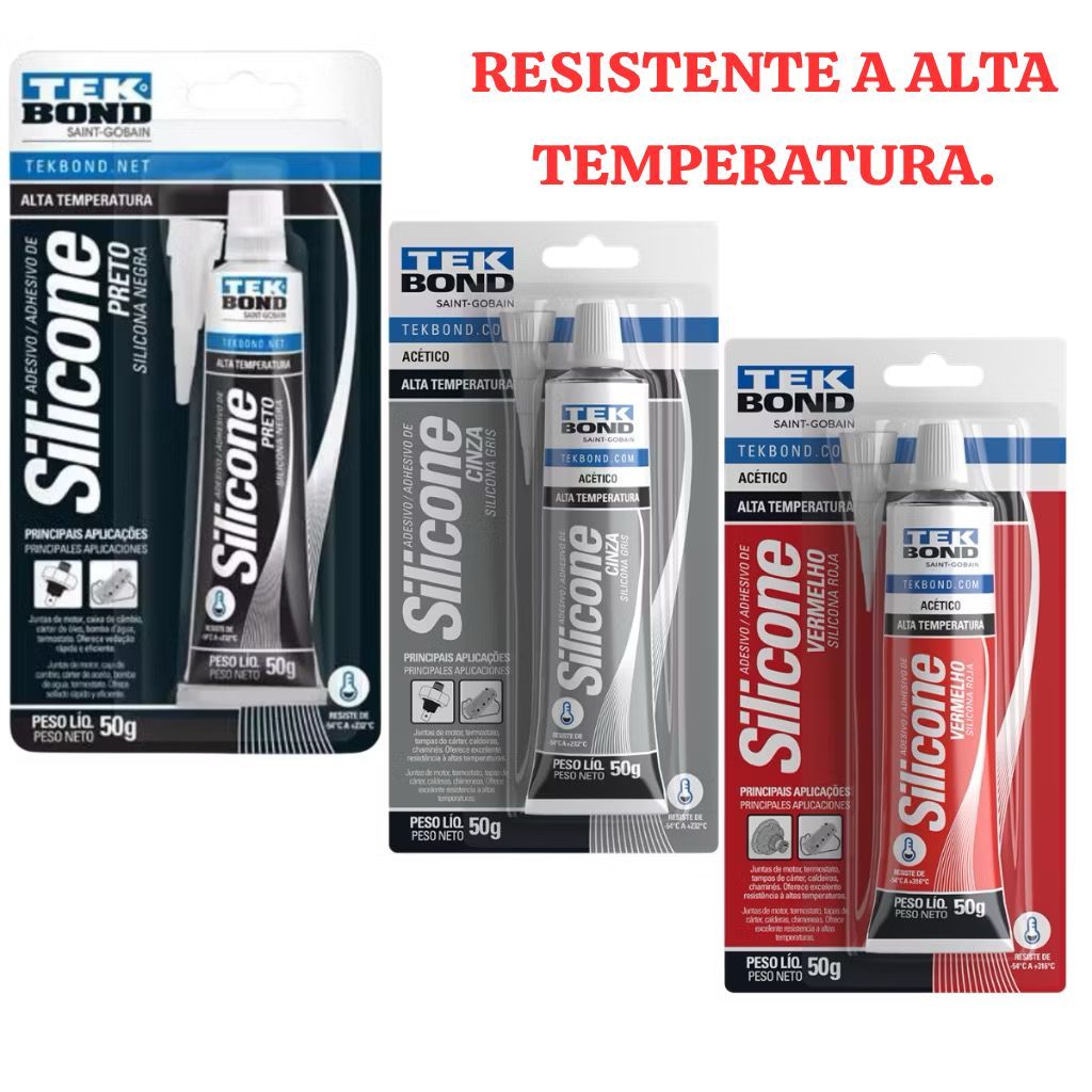 Cola Silicone Preto/Cinza/Vermelho Alta Temperatura Uso Automotivo Tekbond 50g Resistente a Óleo e Fungos