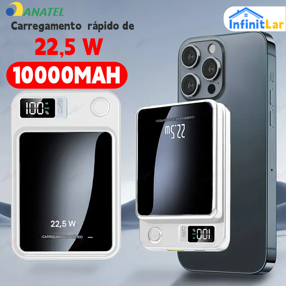 Carregador Externo Portátil 10000mAh com MagSafe e Tela, Recarga por Indução para Celulares iPhone e Android