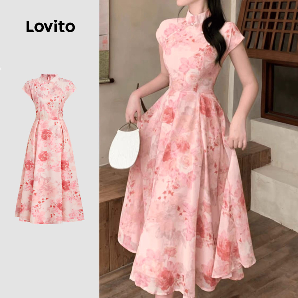 Lovito Vestido Casual Estilo Chinês Rosa Para Mulheres Ideal Para a Primavera/verão LK2ED007 em Oferta na Shopee