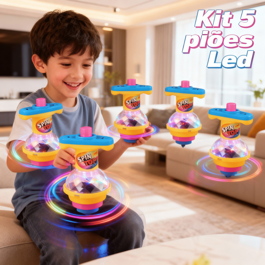 Kit 5 Pião com Lançador LUZ Super Giro Led Luminoso Brinquedo Infantil Menino Menina Criança