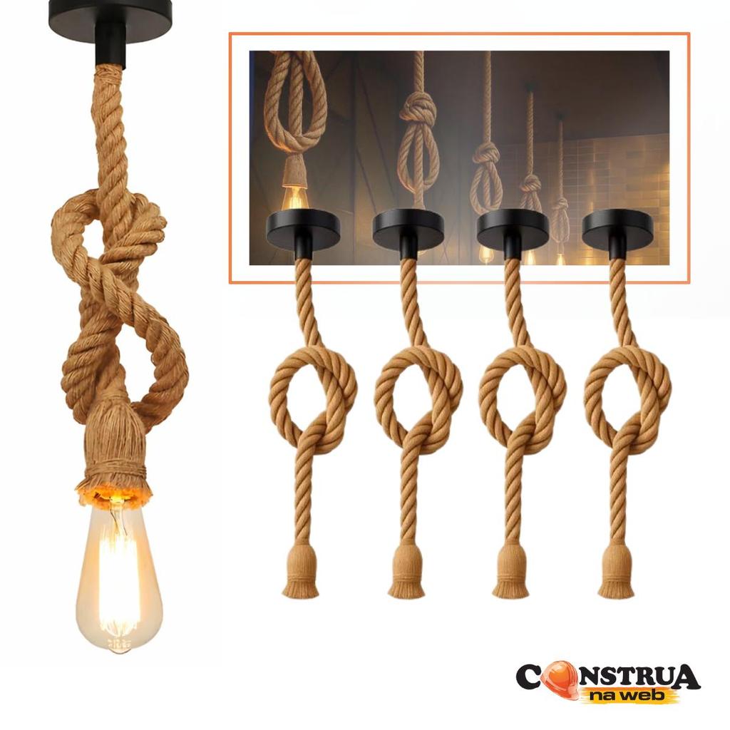 Pendente Luminária Corda Sisal 1 Metro Bivolt 110v 220v Retro Vintage Rústico Decorativo E27