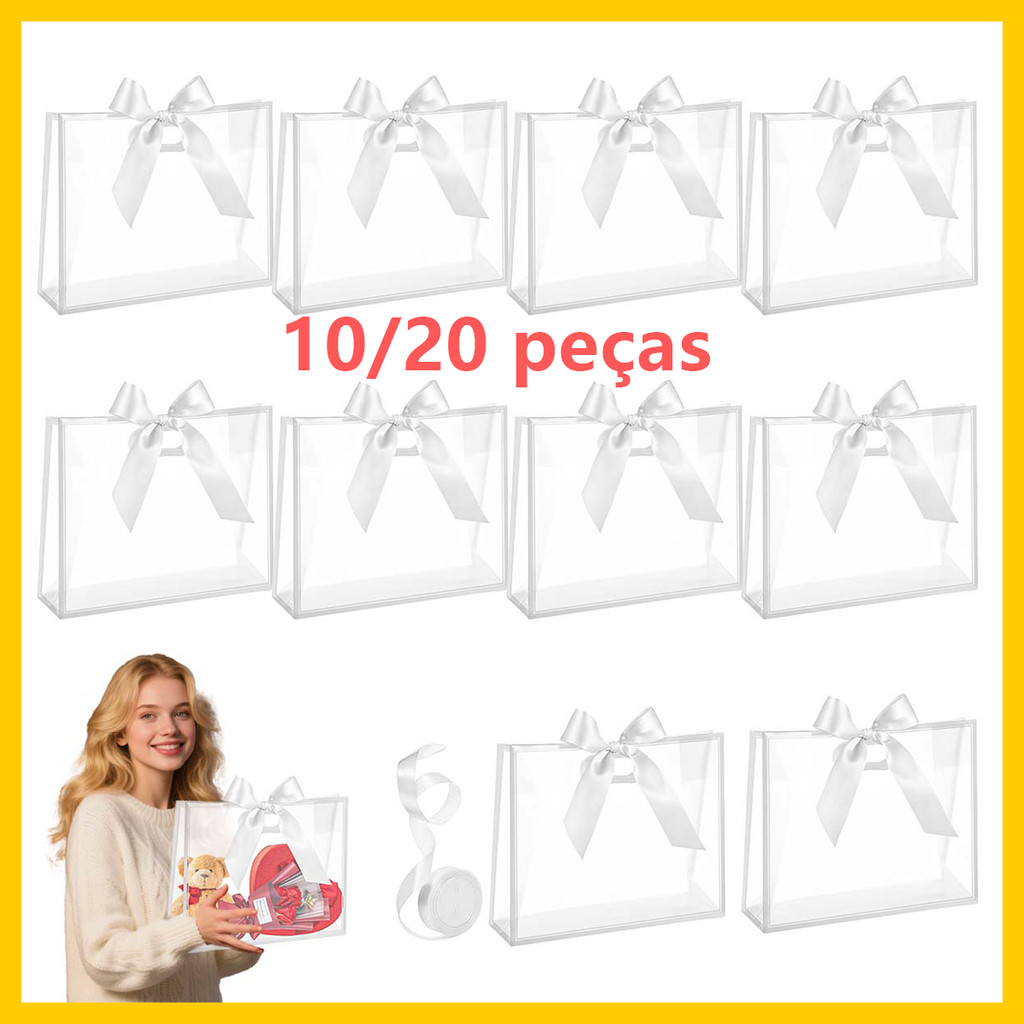 Sacola de presente 30x25x12cm, 10/20 peças de sacola branca transparente, sacola de presente reutilizável